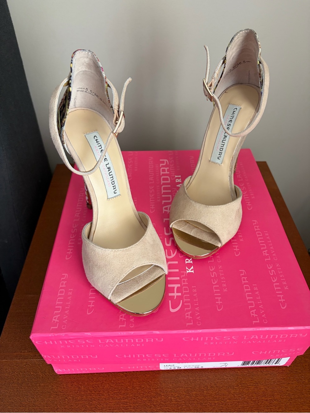 Chinese Laundry Nude Suede Peep-Toe Ankle Strap Heels